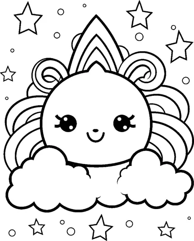 A round unicorn face with a rainbow-striped mane peeks over a big cloud with stars around.