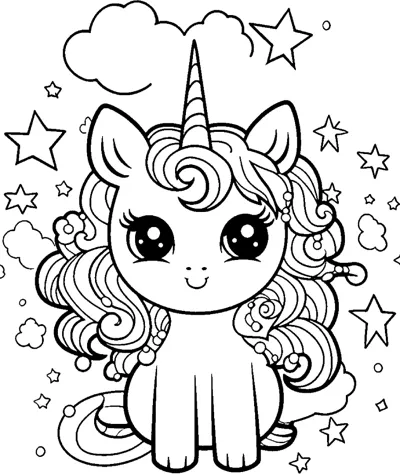 A sitting unicorn with curly mane decorated with beads, surrounded by stars and clouds.