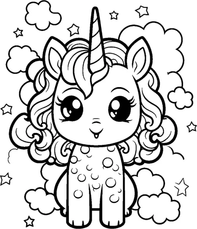 A sitting unicorn with spots on its chest and a curly mane, surrounded by clouds and stars.