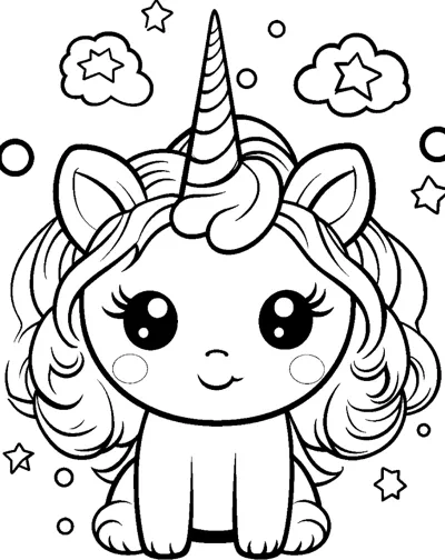 A sitting unicorn with blushing cheeks and a long wavy mane, with clouds and stars around.