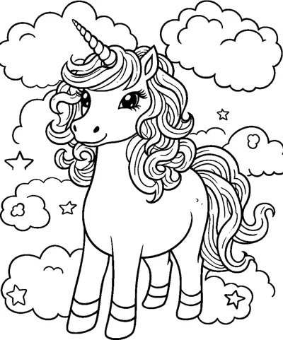 A unicorn with a long flowing mane and tail walks among clouds and stars.