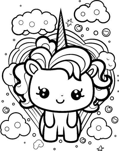 A small chibi unicorn with a striped mane stands in front of a burst of rainbow rays and clouds.