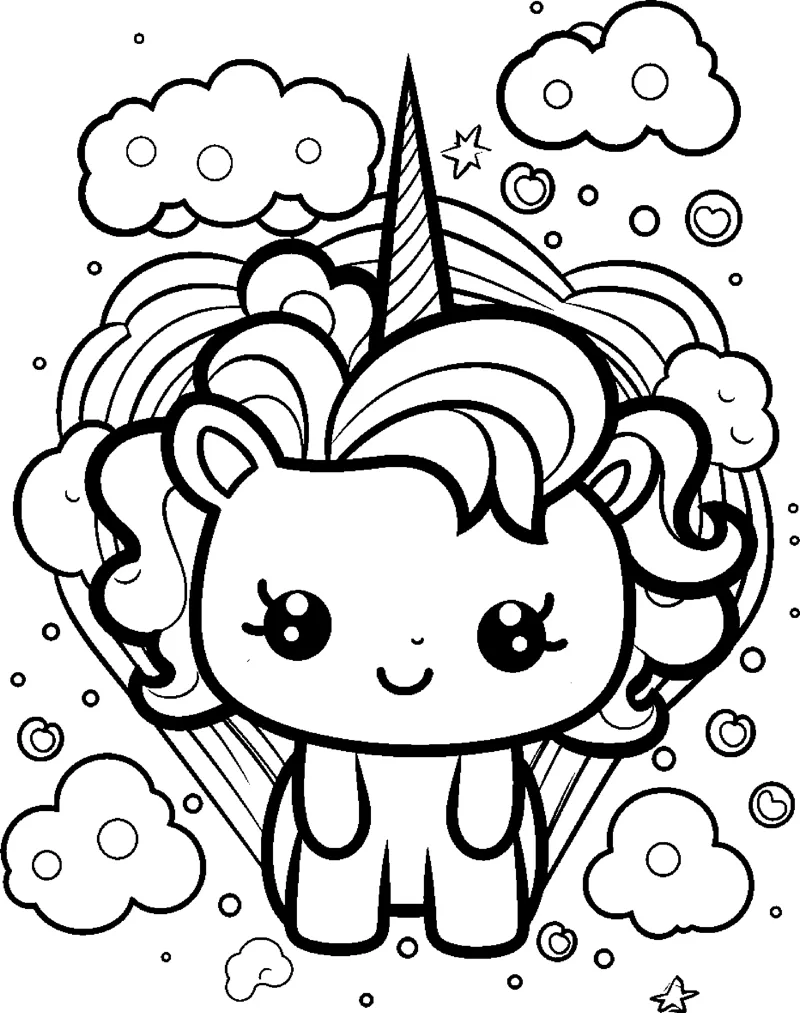 A small chibi unicorn with a striped mane stands in front of a burst of rainbow rays and clouds.