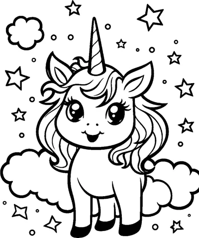 A standing unicorn with a curly mane stands on a cloud with stars and clouds around.