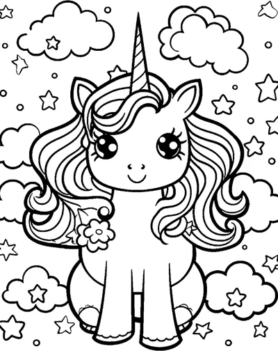 A standing unicorn with a wavy mane holds a small flower, with clouds and stars around.