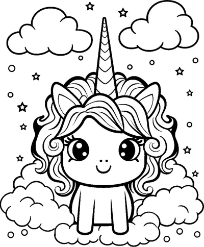 A sitting unicorn with a very tall horn rests on a cloud with stars and clouds in the sky.