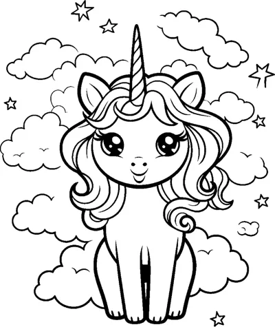 A sitting unicorn with a wavy mane rests on a cloud with small stars and clouds around.