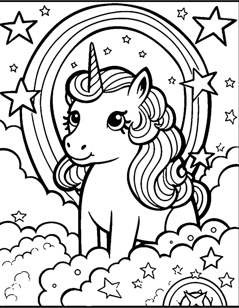 A unicorn with a long curly mane stands in front of a rainbow arch with large stars.