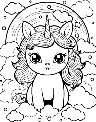 A sitting unicorn with an enormous curly mane, surrounded by clouds and a circular glow.
