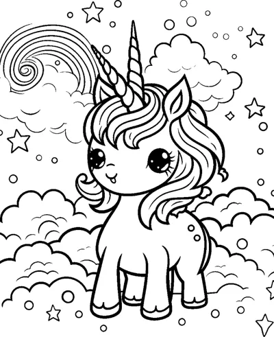 A standing unicorn with a swirled mane under a swirling rainbow, with clouds and bubbles.