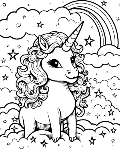 A sitting unicorn with a mane of tight ringlets sits on clouds dotted with flowers under a rainbow.