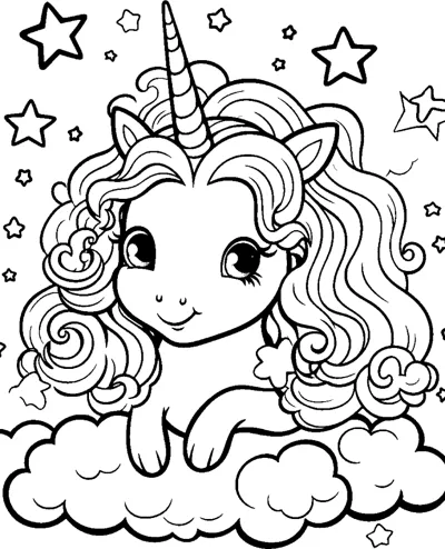 A unicorn lies on a cloud with its long mane and tail flowing, stars in the sky.