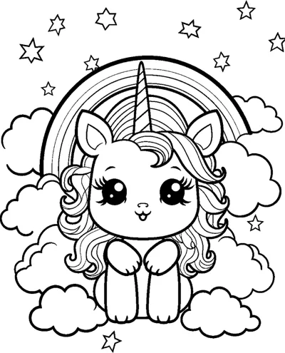 A sitting unicorn holds its front hooves together beneath a rainbow with clouds and stars.