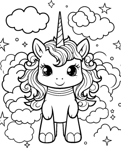A standing unicorn with a fluffy mane, surrounded by clouds and stars.