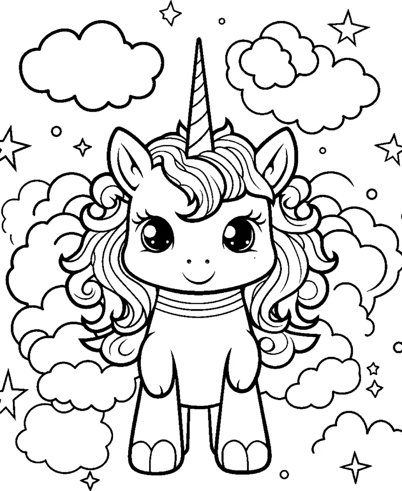 A standing unicorn with a fluffy mane, surrounded by clouds and stars.
