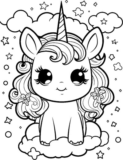 A sitting unicorn with flowers in its curly mane sits on a cloud with stars around.