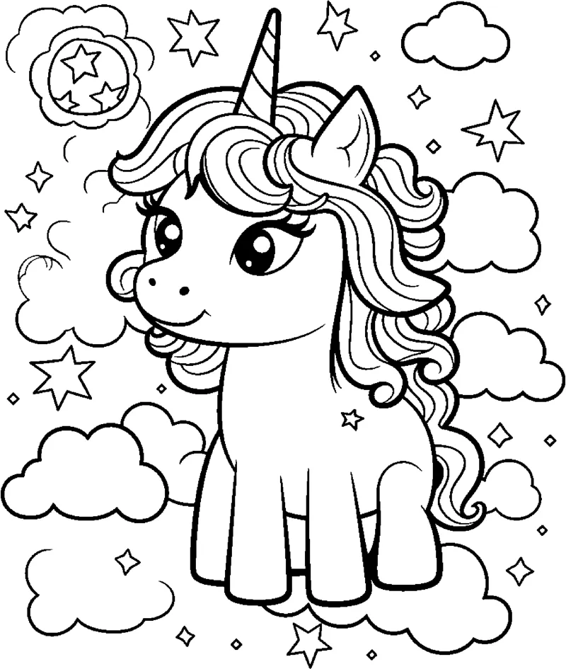 A standing unicorn with a wavy mane looks up with a swirl sun, stars and clouds around.