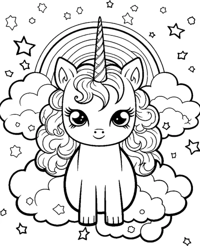 A sitting unicorn with a curly mane in front of a rainbow, with stars and clouds around.