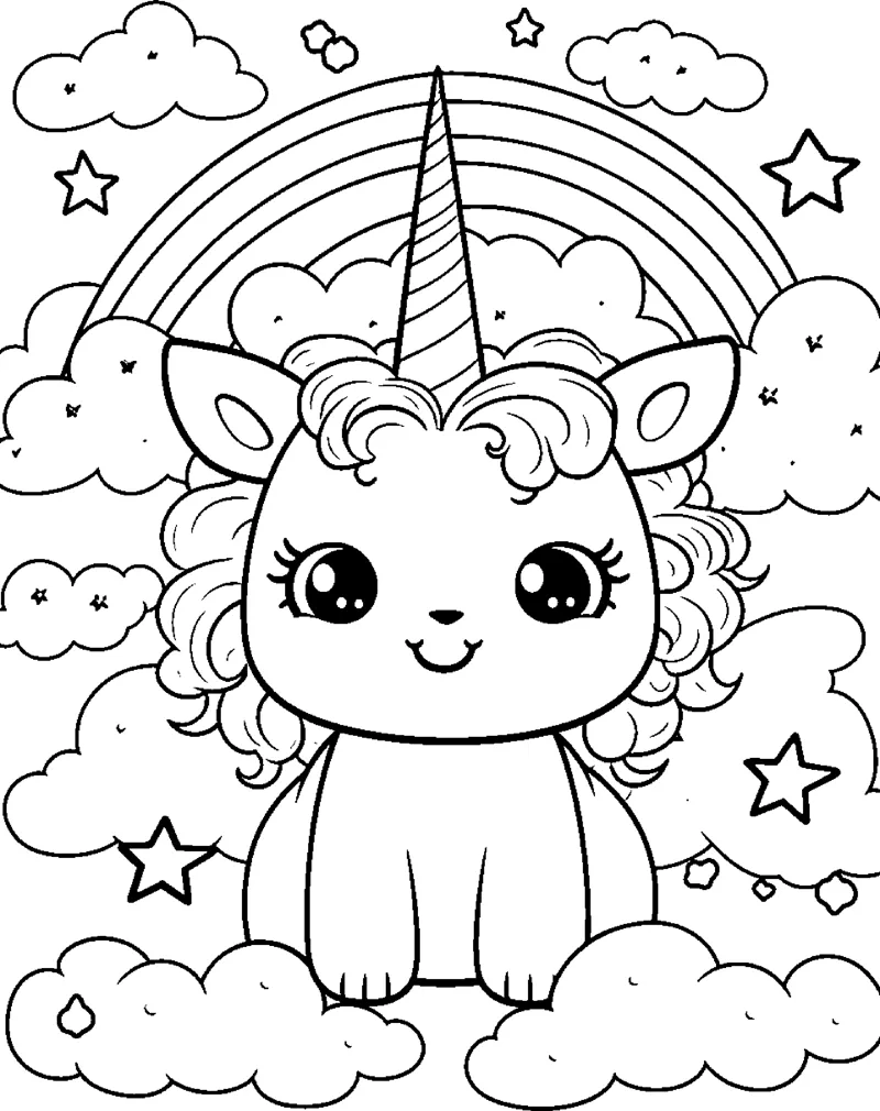 A sitting unicorn with big ears and a fluffy mane sits under a rainbow with clouds and stars.