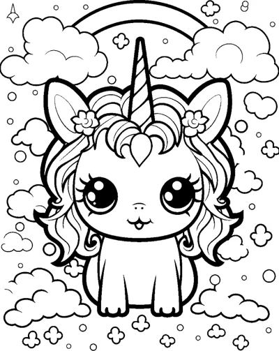 A sitting unicorn with a flower behind its ear, under a rainbow with clouds and stars.