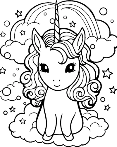 A sitting unicorn with a wavy mane rests on a cloud with a rainbow and bubbles behind it.