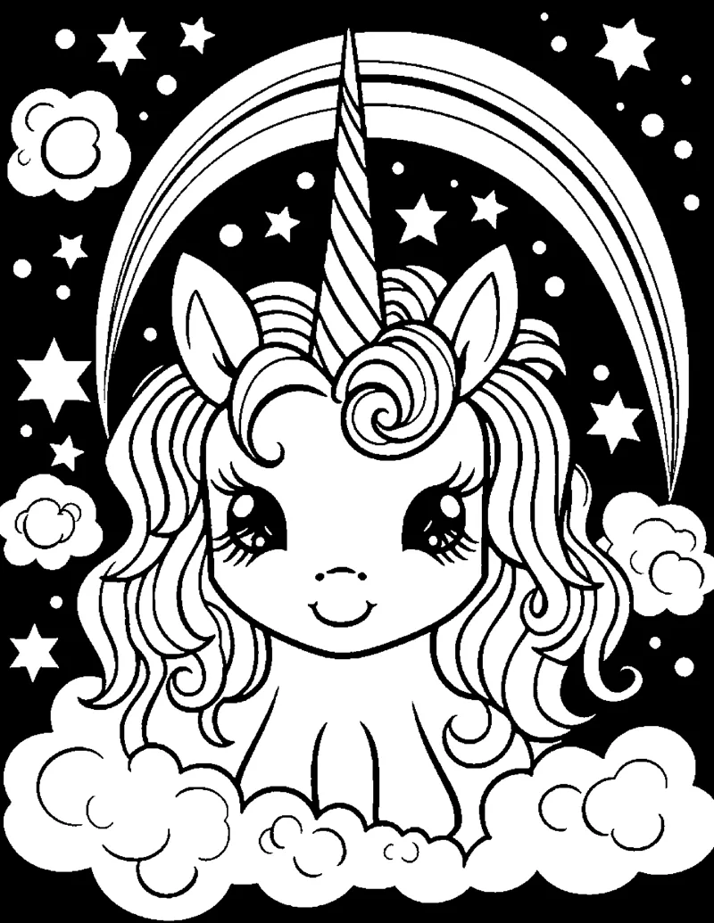 A unicorn sits on a cloud against a black night sky filled with white stars and a rainbow.