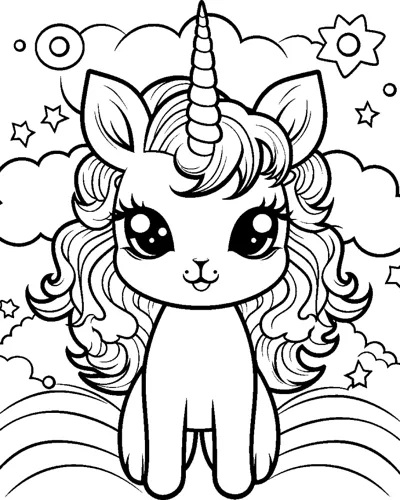 A sitting unicorn with a swirled mane sits on top of a rainbow with clouds and suns around.