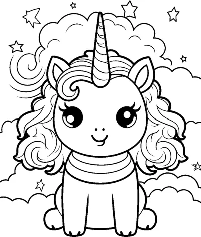 A sitting unicorn with a wavy mane wears a striped collar, with clouds and stars around.