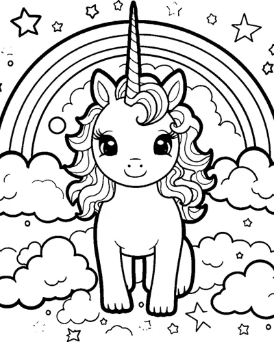 A standing unicorn with a curly mane stands under a rainbow with clouds and stars around.