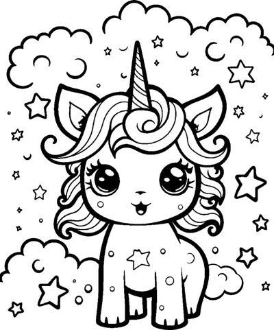 A standing unicorn with star marks on its body stands among clouds and scattered stars.