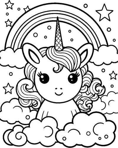 A sitting unicorn with a wavy mane rests on clouds beneath a rainbow with stars.