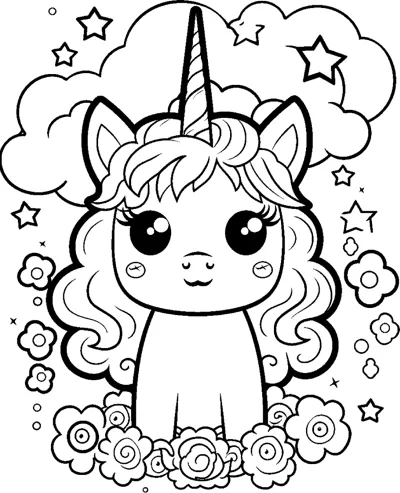 A sitting unicorn with a curly mane sits above a row of roses, with clouds and stars around.