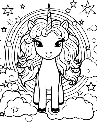 A standing unicorn with a long wavy mane stands in front of a circular rainbow with stars.