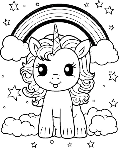 A grinning sitting unicorn with a curly mane sits under a rainbow with clouds and stars.