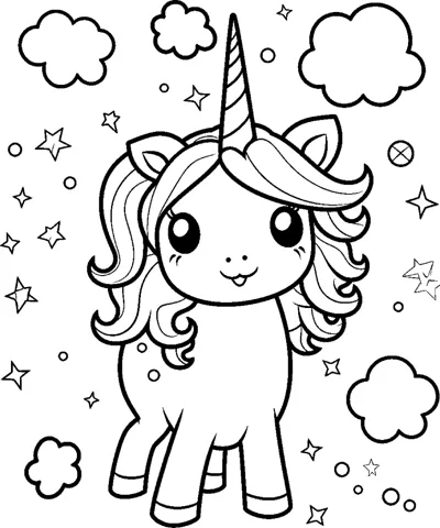 A standing unicorn with a swoopy mane stands among clouds and lots of stars.