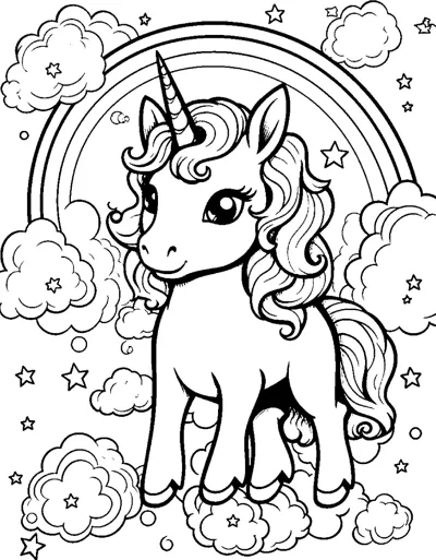 A standing unicorn with a wavy mane stands on flower-filled clouds beneath a rainbow.
