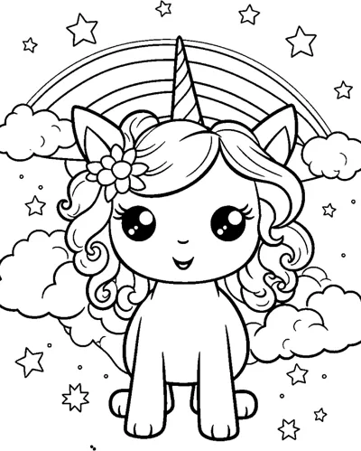 A sitting unicorn with a flower in its mane sits under a rainbow with clouds and stars.