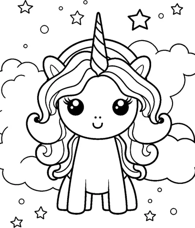 A standing unicorn with a long straight mane, with clouds and stars around.