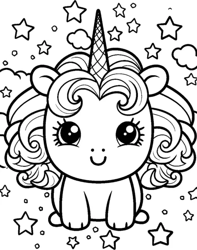 A sitting unicorn with a very curly mane sits among lots of stars and clouds.