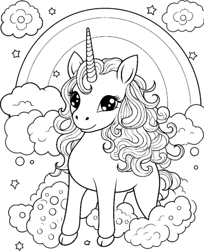 A standing unicorn with a wavy mane and tail stands on clouds covered in flowers beneath a rainbow.