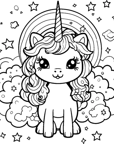 A sitting unicorn with a curly mane sits under a rainbow with bubbles, clouds and stars.