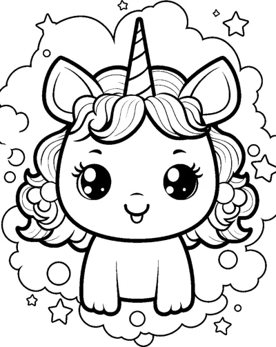 A round-faced baby unicorn with a short curly mane sits on a cloud with a few stars around.