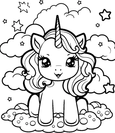 A sitting unicorn with a wavy mane sits on a cloud with stars and clouds in the sky.