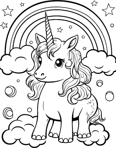 A standing unicorn with a long wavy mane stands on clouds beneath a rainbow with bubbles.