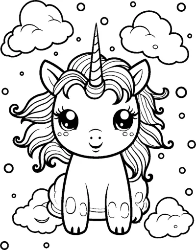 A sitting unicorn with freckles and a wavy mane sits among clouds and stars.