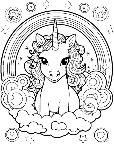 A sitting unicorn with a wavy mane sits inside a rainbow ring surrounded by swirls and circles.