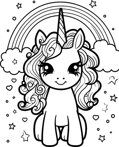 A sitting unicorn with a curly mane sits under a rainbow with hearts and stars around.