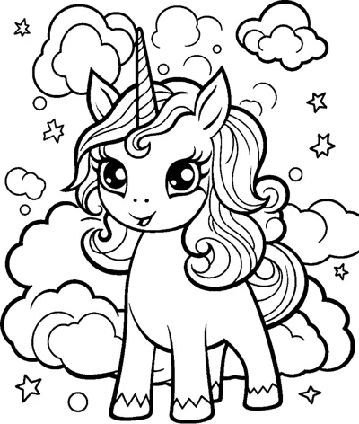 A standing unicorn with a swirled mane stands among clouds and stars.