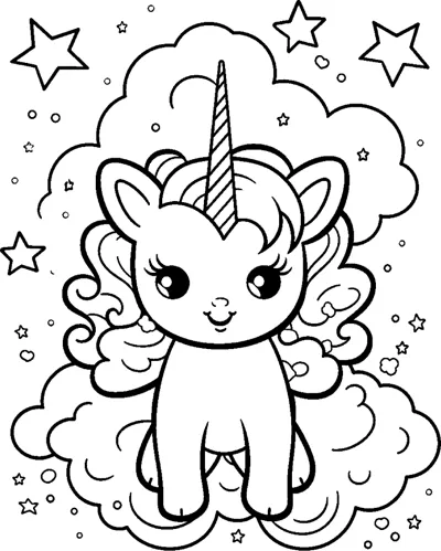 A standing unicorn with a curly mane stands inside a fluffy cloud frame with stars around.
