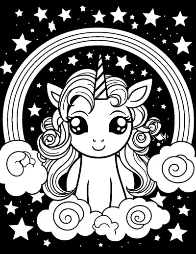 A unicorn sits on a cloud beneath a rainbow against a black sky full of white stars.